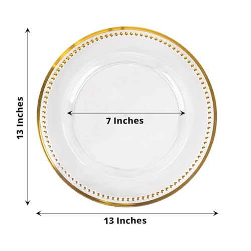 Tableclothsfactory 6 Pack 13" Beaded Gold Clear Acrylic Charger Plate, Plastic Round Dinner Charger Event Tabletop Decor