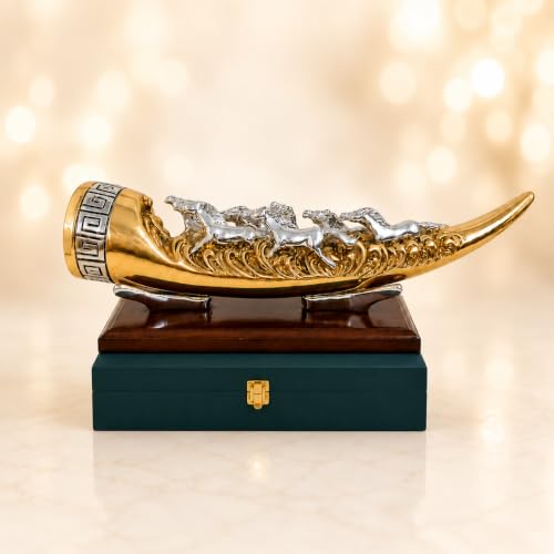 Image of 999 Silver & 24K Gold Plated 7 Running Horse Horn Showpiece - 12 inch | Premium Vastu Decorative Statue for Home Decor, Living Room & Office Desk, Luxury Gifting