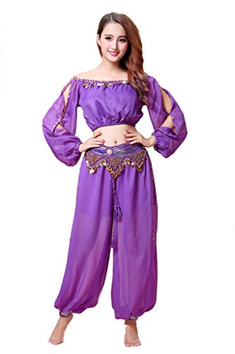 Belly Dance Chiffon Long Sleeves Top and Lantern Coins Pants Blac...