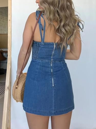 utcoco Women's 2025 Summer Tie Shoulder Denim Mini Dress Sleeveless Side Slit Bodycon Short Jean Dress2