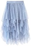 Reaowazo Tulle Skirts for Women Midi Long Fairy Skirt Tutu A-Line Mesh Layered High Elastic Waist Halloween Skirts Blue Sequin One Size