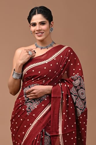 Image of Crafts Moda Hand Block Ajrakh Print Cotton Saree for women with Blouse | Soft comfortable wear sari