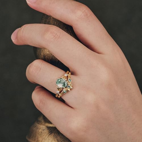 Kite/Oval/Pear Cut Nature Moss Agate Engagement Ring Set for Women,Vintage S925 10K 14K/18K Moss Agate Ring Moissanite Cluster Rings Art Deco Bridal Wife Custom Wedding Ring Set2