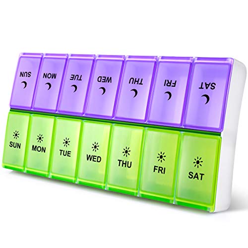 Image of DANYING Extra Large Pill Organizer 2 Times a Day, XL Weekly Pill Box, AM PM Pill Case, Pill Container 7 Day, Vitamin Case Twice a Day, Green & Purple