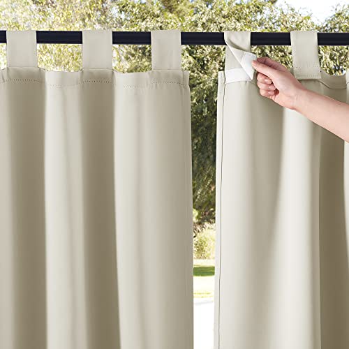 NICETOWN 2 Panels Outdoor Patio Curtainss Waterproof Room Darkening Drapes, Detachable Sticky Tab Top Thermal Insulated Privacy Outdoor Dividers for Canopy/Doorway, Beige, W52 x L84