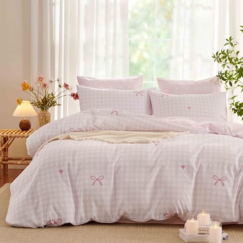 Image of Girls Duvet Cover Set Full Size,Pink Bow Ties on Gingham Pattern Reversible Bedding Set for Adults Kids,Romantic Graceful Style Microfiber Comforter Cover 3pcs with 2 Pillowcases
