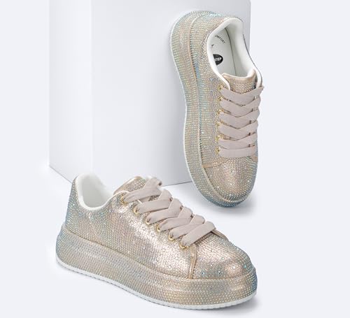 Image of LUCKY STEP Rhinestone Sneakers for Women Platform Sparkly Glitter Bling Tennis Shoes Fashion Bedazzled Wedding Bridal Party Walking Sneakers