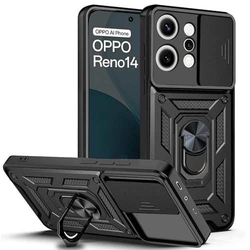 Image of AESTMO Tough Armor Oppo Reno 14 5G Bumper Back Case Cover | Ring Holder & Sliding Camera Shield Cover | 360 Degree Protection Back Case Cover for Oppo Reno 14 5G (Black)