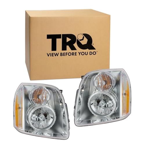 Image of TRQ 2 Piece Headlight Assembly Set Chrome Bezel Driver & Passenger Side Compatible with Yukon Denali Yukon 2007-2014 Denali XL 1500 2007-2014 Yukon Denali Hybrid 2010-2013 GM2502318 GM2503318