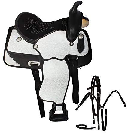 Western Horse Saddle Set with Tack, Black and White, Synthetic Leather (17