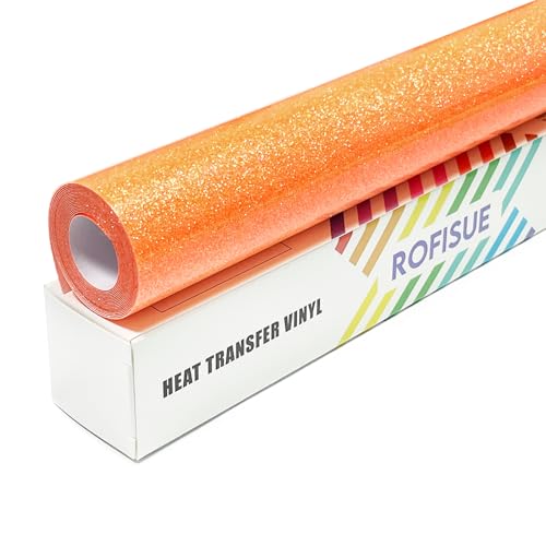 ROFISUE Fluorescent Orange Glitter Heat Transfer Vinyl 12 x 6FT Easy to Cut & Weed HTV Vinyl Glitter Iron on Vinyl for T-Shirts Compatible with Cricut & All Cutter Machines