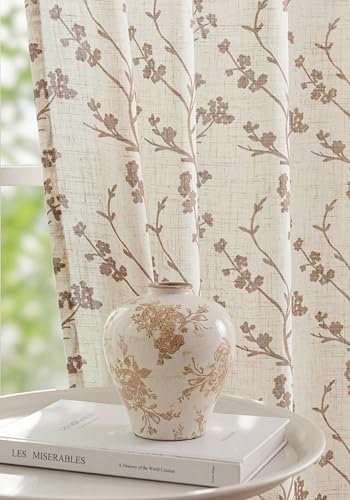 Image of THREE GIRLS Floral Linen Shree Printed Curtains 120 Inches Light Filtering Vintage Farmhouse, Back Tab Rod Pocket Cottage Core Drapes for Living Room Bedroom Dining Room, Beige on Beige, 2 Panels