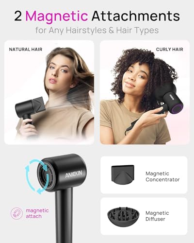 ANIEKIN Hair Dryer, High-Speed Ionic Low Noise Blow Dryer with Brushless Motor for Fast Drying, Thermo-Control Quiet Compact Hair Blow Dryer with Magnetic Diffuser for Curly Hair for Home Travel Salon