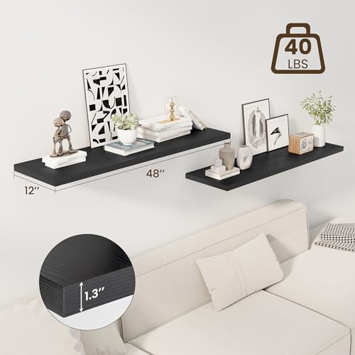 Image of Dreamland 48 inch Floating Shelves for Wall, 12 inch Deep Slim Black Floating Shelves, Wall-Mounted Shelves for Bedroom, Living Room, Kitchen, Bathroom - Set of 2