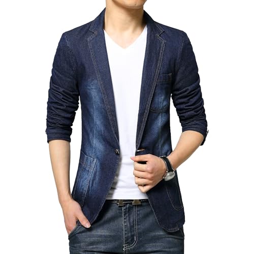Mens 1 Button Denim Lounge Suit Jackets Slim Fit Lightweight Blazer Lapel Jean Jackets with Multi Pockers (Blue,Medium)