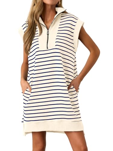 Image of Wenrine Womens Striped Mini Dress Casual Zipper Cap Sleeve Collared V Neck Loose Knit Summer Dresses