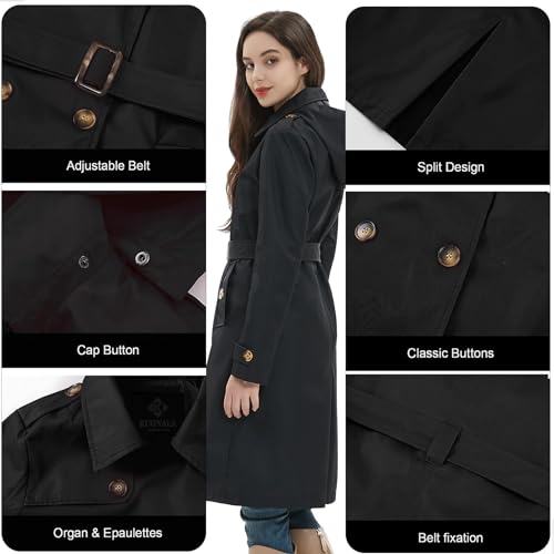 Image of Womens Trench Coat Double-Breasted Long windbreak Belted Slim Outerwear Coat with Detachable Hood S-2XL