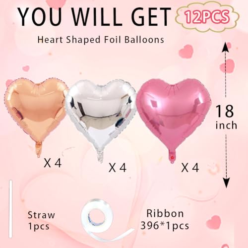 Image of Rose Gold & Silver Heart Balloons,18 Inch Light Pink Foil Love Heart Shaped Balloons for Birthday Party Bridal Engagement Wedding Anniversary Baby Shower Valentines Decorations 12Pcs