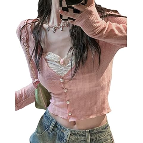 Y2K Women Lace Patchwork V-Neck Knitted Aesthetic Crop Tops Fall Long Sleeve Flim Fit Fairy Grunge Shirt E Girl Streetwear (Pink, L) Cover