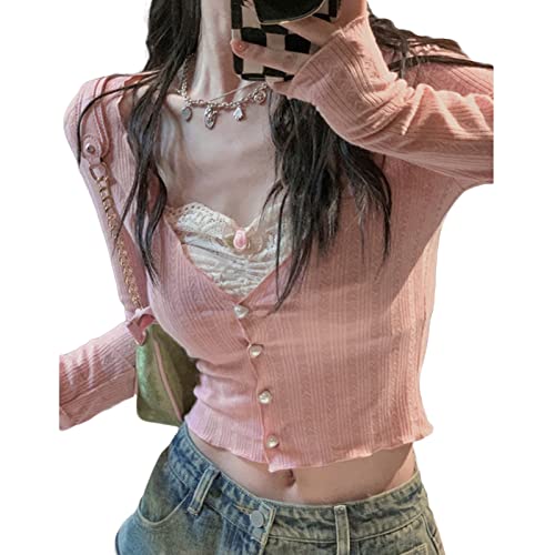 Fanvereka Women Lace Stitching V-Neck Fairy Crop Tops Y2K Long Sleeve Tight Shirt Spring Fall Downtown Girl Coquette Clothing