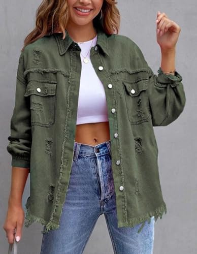 Women Denim Jacket Ripped Fringe Jean Jackets Trendy Classic Lapel Button Down Up Frayed Hem Shacket with Pocket3
