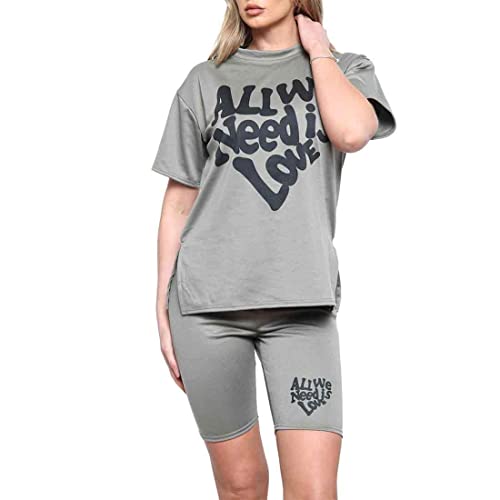 MA Online Ladies Cycling Shorts Womens Split Hem All We Need Is love Print T-Shirt Top Co Ord Set