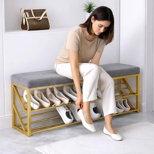 Image of Entryway Shoe Rack with Cushioned Seat, Shoe Bench for Entry, 2 Shelves Storage Bed Bench