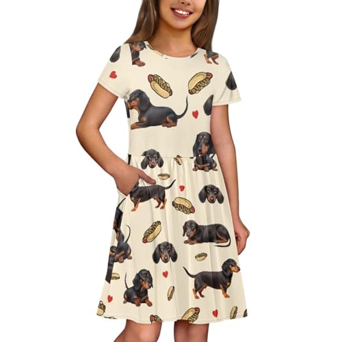 Kids Short Sleeve Dress 2-14Y Girls Crew Neck Midi Dresses Casual Swing Dress with Pockets4