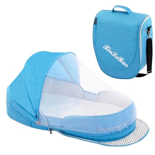 Image of Juaugusep Folding Baby Travel Bassinet Portable Lightweight Travel Crib Baby Bed Co- Sleeper for Baby in Bed with Canopy and Mosquito Net (Blue, with Sunshade)
