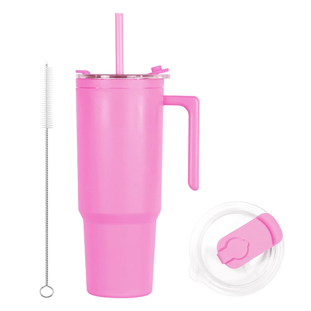 CJWLKJ 40oz Reusable Plastic Insulated Tumblers with Handle and Straw, Double Wall Tumbler with Lid, Cup Holder Friendly Travel Mug for Cold Drinks, Sand ice, Pink