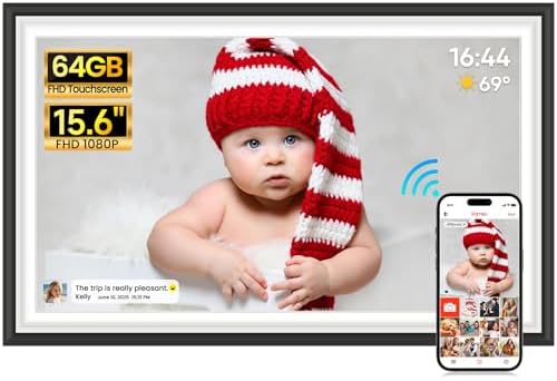 64GB FRAMEO 15,6 Zoll Digitaler Bilderrahmen -1920 * 1080P FHD IPS Touchscreen Digitale Bilderrahmen, Auto Rotation Elektronischer Fotorahmen, Teilen Sie Fotos/Videos Sofort