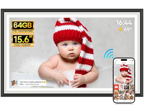 64GB FRAMEO 15,6 Zoll Digitaler Bilderrahmen -1920 * 1080P FHD IPS Touchscreen Digitale Bilderrahmen, Auto Rotation Elektronischer Fotorahmen, Teilen Sie Fotos/Videos Sofort