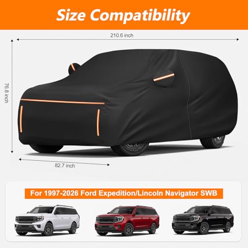 Image of Car Cover for Ford Expedition /Lincoln Navigator SWB 1997-2026, 115G PEVA Waterproof SUV Cover, Reflective Strips, Side Zipper, 4 Wheel Straps, Fits Full Size SUV