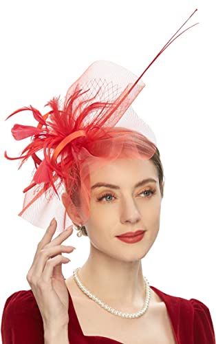 Fascinators Hat for Women Tea Party Headband Kentucky Derby Wedding Flower Cocktail Mesh Feathers Hair Clip(3-red)