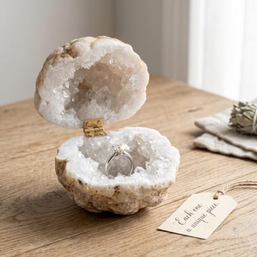 Boîte à bagues en géode d'agate blanche taille L avec charnière dorée - 6