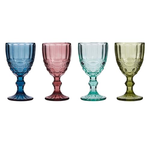 Dibor Wine Glasses Set of 4 Embossed Vintage Style Baroque Wine Goblet Glassware Set Dishwasher Safe Wine Glass Set Colourful Footed Chalice Tumblers (Assorted)