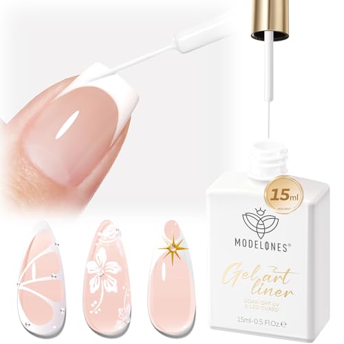 modelones White French Tip Liner Gel Polish, 15 ML Classic Color Nail Art Paint Swirl with Upgraded Fine Line Brush Soak Off U V DIY Home Salon Professional Manicure Design Gift for Women