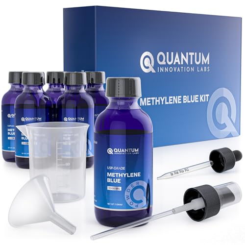 Quantum-Innovation-Labs, Methylene Blue Powder Pharmaceutical Grade - 6 Gram - ISO Certified Third Party Lab Tested 99+% - USP Grade Compliant - Beaker-Funnel-Dropper-Mister Included (6, Grams)