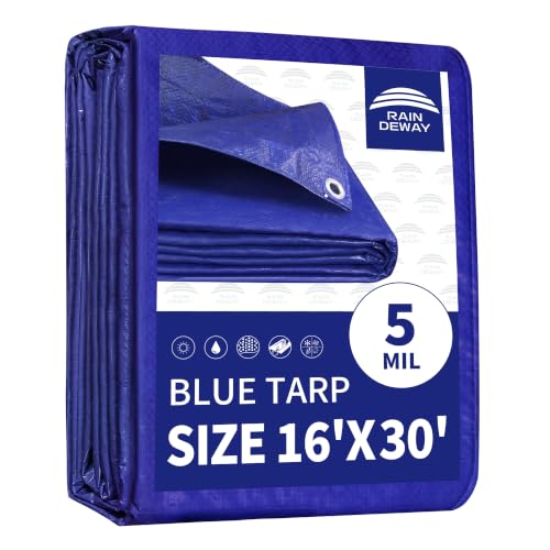 RAINDEWAY Tarps 16x30 Feet 5 Mil Thick Waterproof Blue Tarp Multipurpose Tear Resistant Poly Tarp Cover for Roof Camping Car Patio