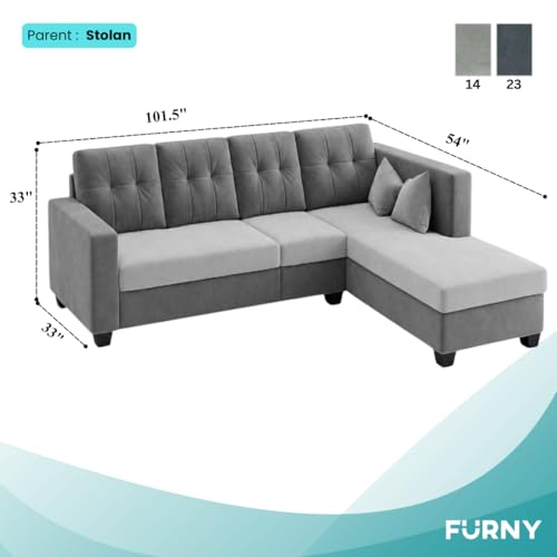 Image of FURNY Nathan 5 Seater L Shape Sofa Set RHS (Light Grey-Dark Grey) | Suede Velvet Finish | Durable Comfort Sofa for Modern Living Room & Office Spaces
