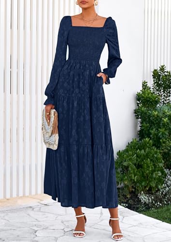 PRETTYGARDEN Fall Wedding Guest Dresses for Women 2025 Floral Long Sleeve Smocked Tiered Elegant Long Flowy Boho Dress2
