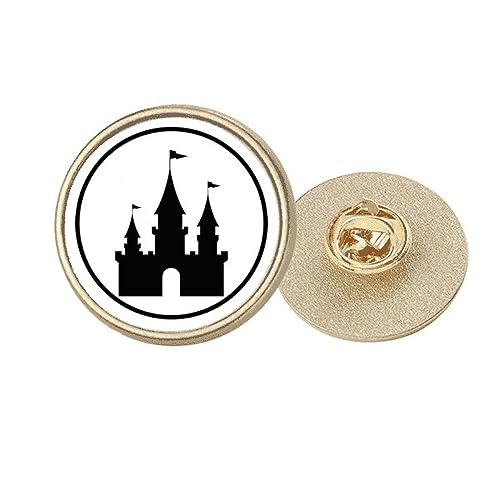 Broche ronde en métal doré contour noir motif château taille M