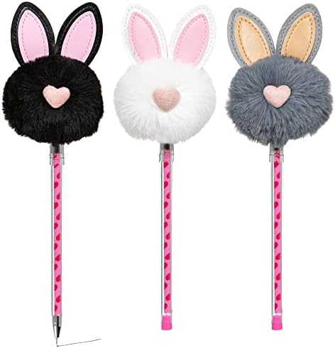 Unicorns Poop Glitter Fluffy Fur Pom Pom Bunny Pen 3PC Set, Cute Kawaii, Pens, Ballpoint Gel Novelty Pens for Girls, Pens for Women, Desk, Office, Easter, Mothers Day, Stocking Stuffer