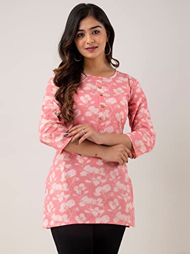 Image of feranoid Women Cotton Printed Straight Short Kurti (Pink)