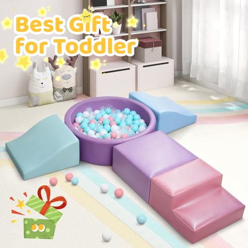 Image of Hoohtoot Foam Climbing Blocks for Toddler: with 4-Piece PU Leather Climbing Toys and a Ball Pit - Foam Ball Pit for Toddlers - Climbing Toys Indoor for Kids Crawling (Purple Climbing Blocks)
