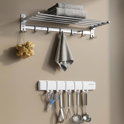 Image of Plantex Folding Towel Rack with Magnetic Hook Rail /Stainless Steel 24 Inch Towel Holder with 5 ABS J-Shape Hooks for Bathroom /Wall Mounted Towel Stand for Clothes - Chrome