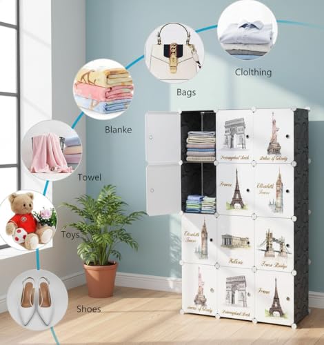 Image of KRISHYAM Kids Modular Storage Cabinet with Travel Landmark Design Doors, 12 Cube Plastic Wardrobe Organizer, DIY Closet System with Hanging Rod, Toy & Clothes Storage (Tower Print, 12 Box)