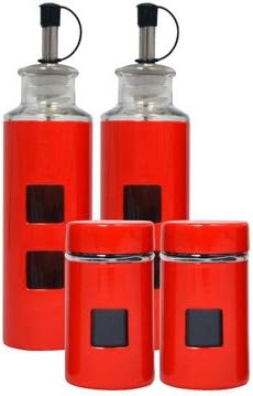 RAG-G-024R 4 Piece Stainless Steel Condiment Square Window Set with Lids and Pour Spouts, Red