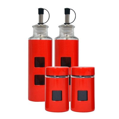 RAG-G-024R 4 Piece Stainless Steel Condiment Square Window Set with Lids and Pour Spouts, Red