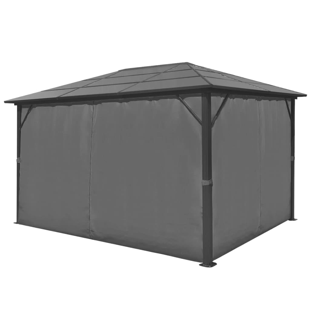 Antracytowy pawilon ogrodowy 400 x 300 cm z zasłonami, aluminiowy domek na taras, odporny na promieniowanie UV 6 mm dach PC, 4 ściany boczne z zamkiem błyskawicznym